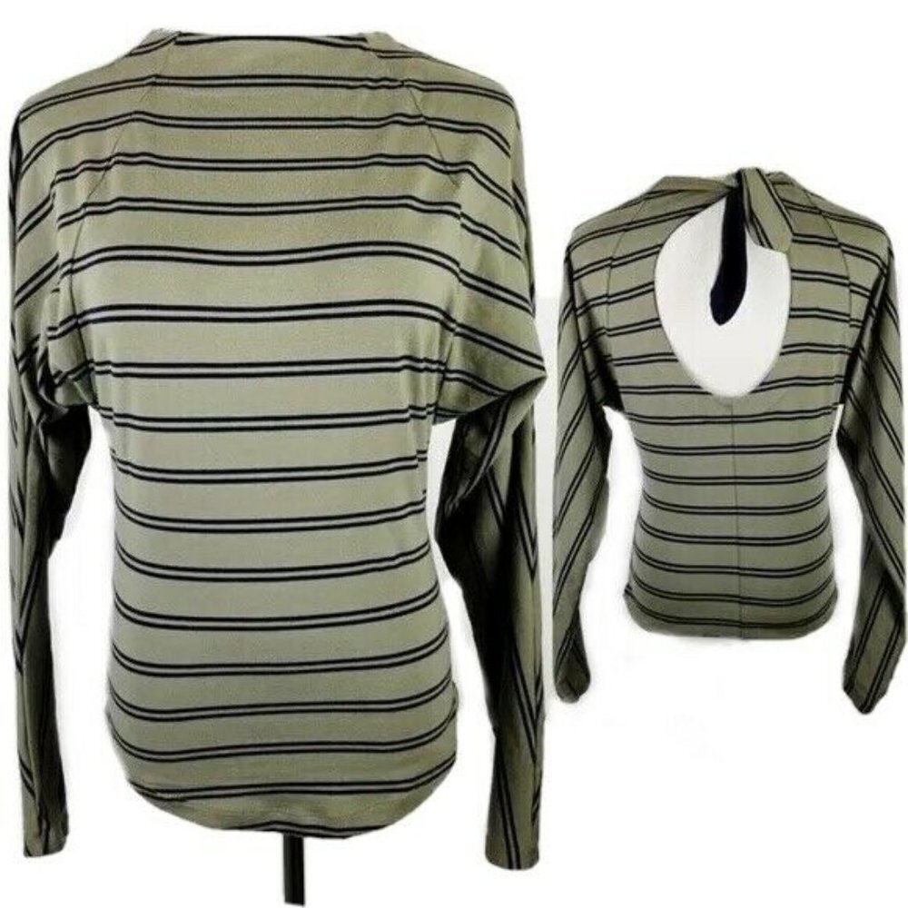 Free People Striped Cutout Back Blouse Women's XS Olive Green Mock Neck